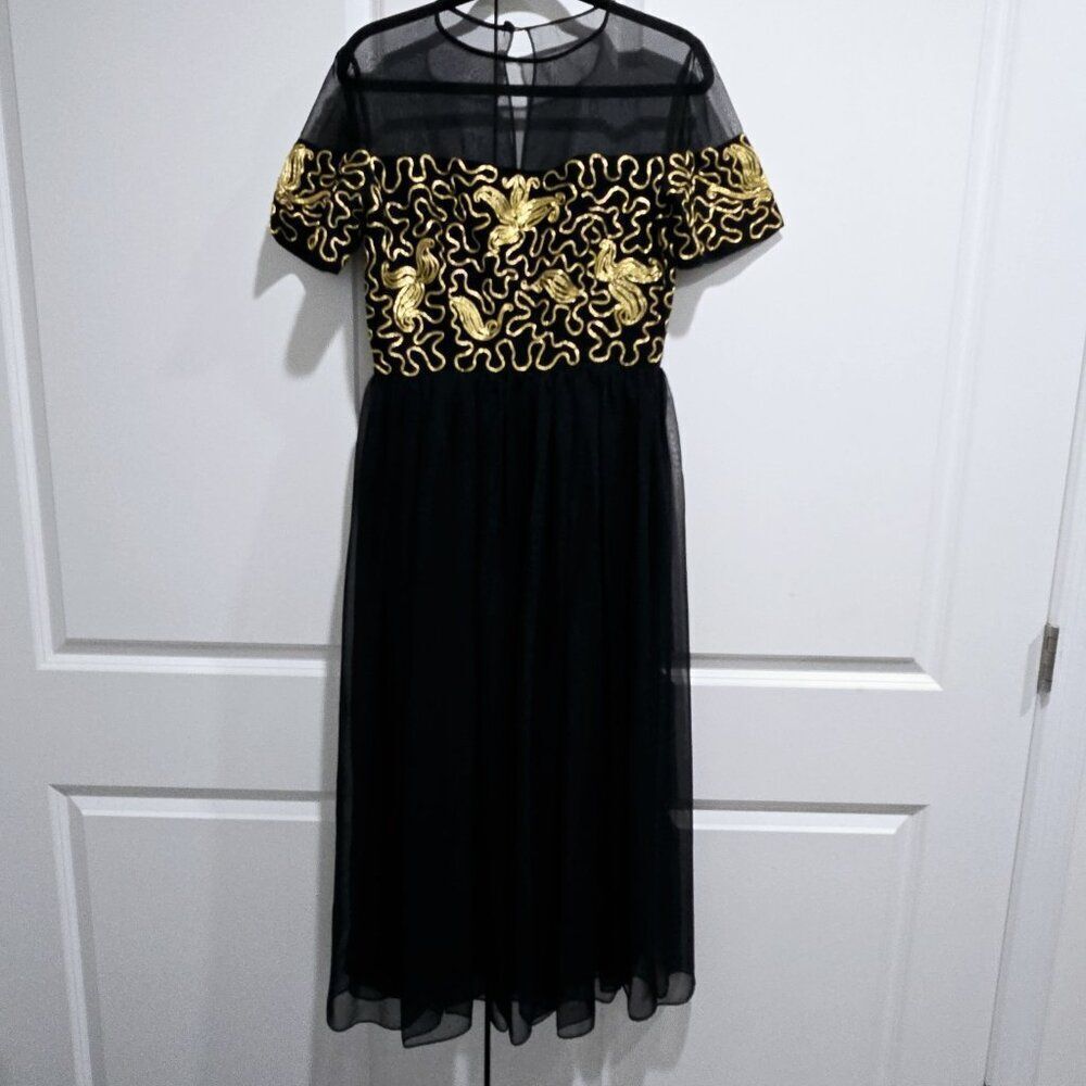 90s Vtg Christine Jaguin Gown 12 Black Gold Metallic Glam Ethereal Dress